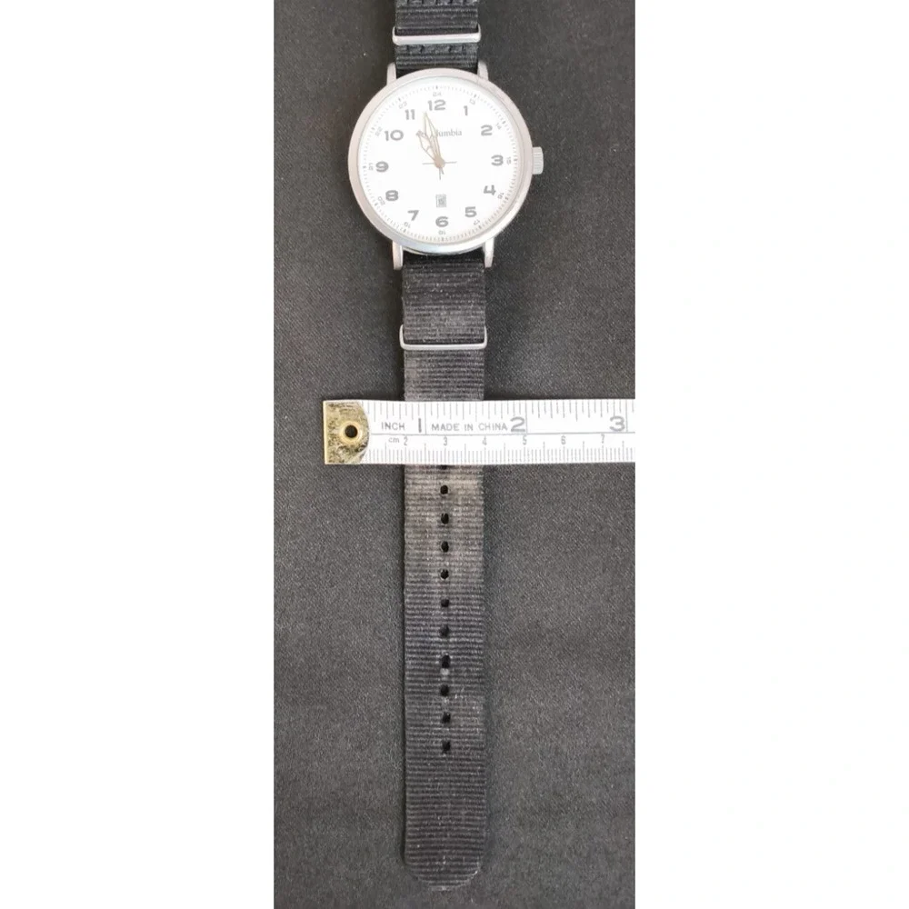 Columbia Silver Tone Analog Mens Watch Round White Face Black Fabric Band #W5172